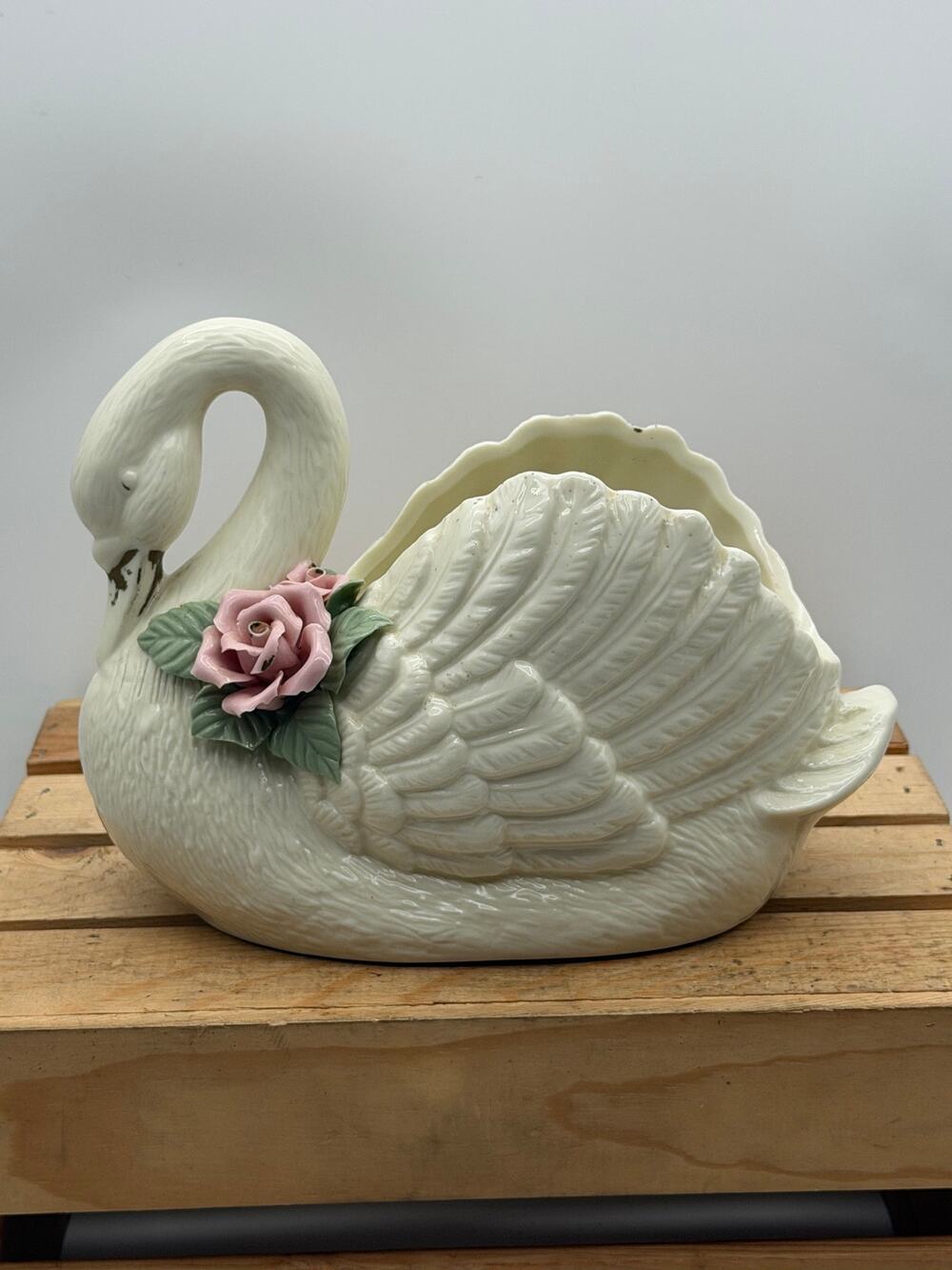 Vintage Porcelain Graceful Swan Planter Bowl - Pink Applied Rose Floral - 6.5"